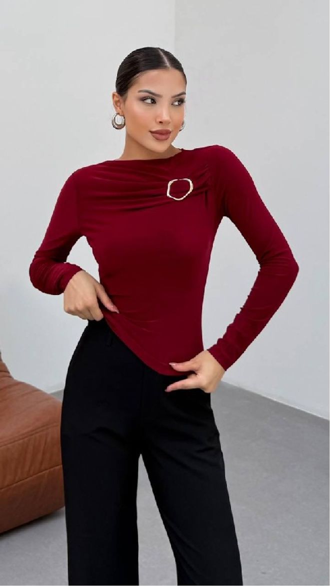 Mistix Blusa Vermelho Clarete Elegante Slim Fit Manga Comprida Decote De Barco Roupas por atacado Vintage