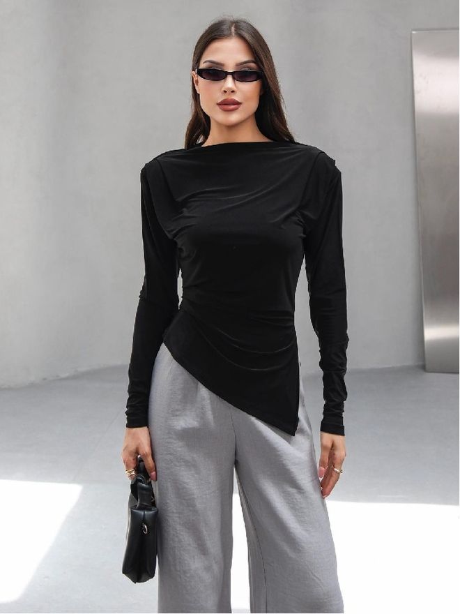Mistix Black Elegant Slim Fit Blouse With Boat Neck Wholesale Clothing Sexy