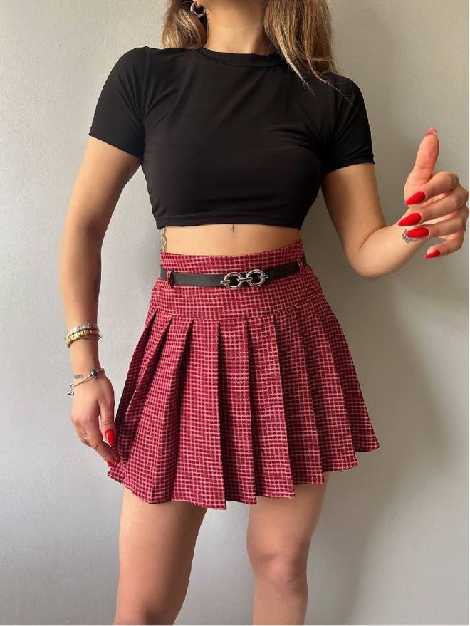 Mistix Saia Plissada Mini Xadrez Vermelho Com Cintura Alta Roupas por atacado Casual