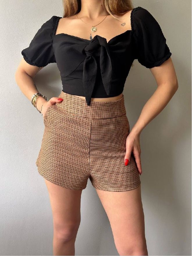 Mistix Calças Castanho Retro Xadrez Cintura Alta Cortado Culottes Roupas por atacado Casual