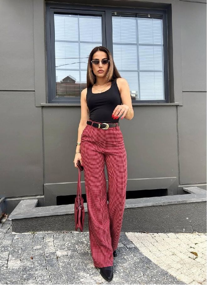 Mistix Calças Mom Xadrez Vermelho Com Perna Larga Roupas por atacado Casual