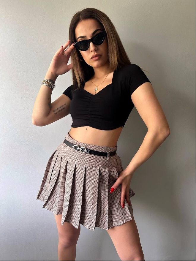 Mistix Saia Plissada Mini Bege Xadrez Cintura Alta Roupas por atacado Casual