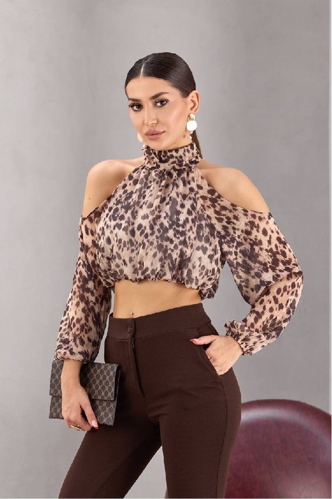 Mistix Camicetta Marrone Sexy Vintage Con Stampa Animalier Abbigliamento all'ingrosso Casuale