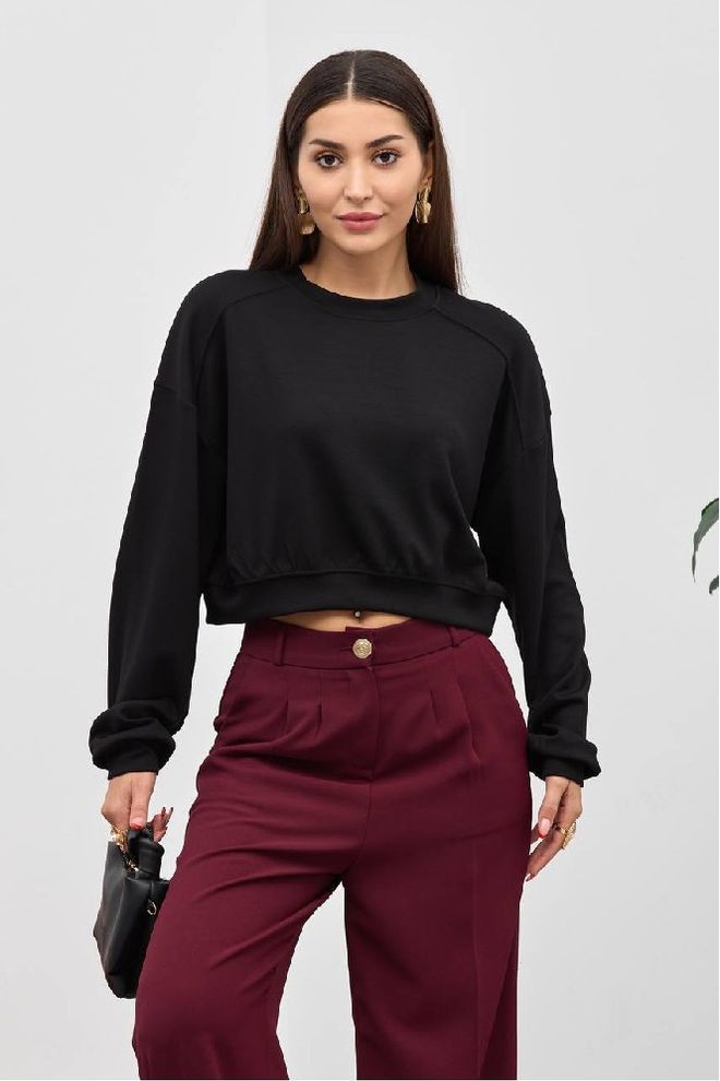 Mistix Blusa Preta Casual Oversized Cropped Com Decote Crew Roupas por atacado Casual