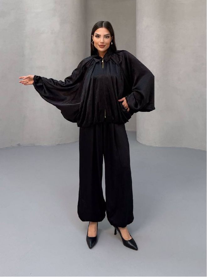 Mistix جلس أسود أنيق محتشم مع بنطلونات ساق بالون ملابس بالجملة محتشم