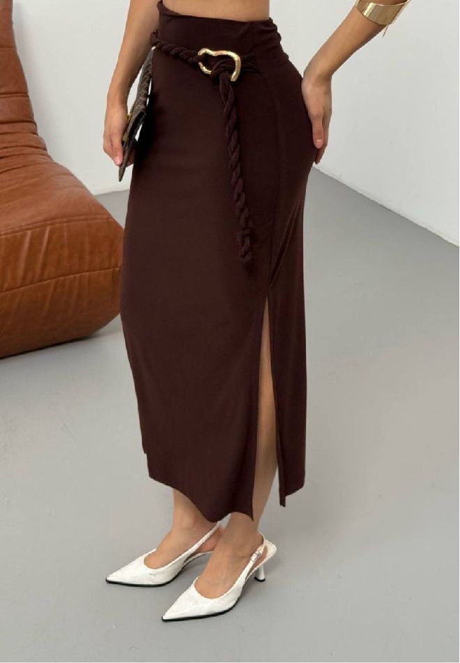 Mistix Saia Midi Marrom Elegante Com Fenda E Cintura Alta Roupas por atacado Sensual