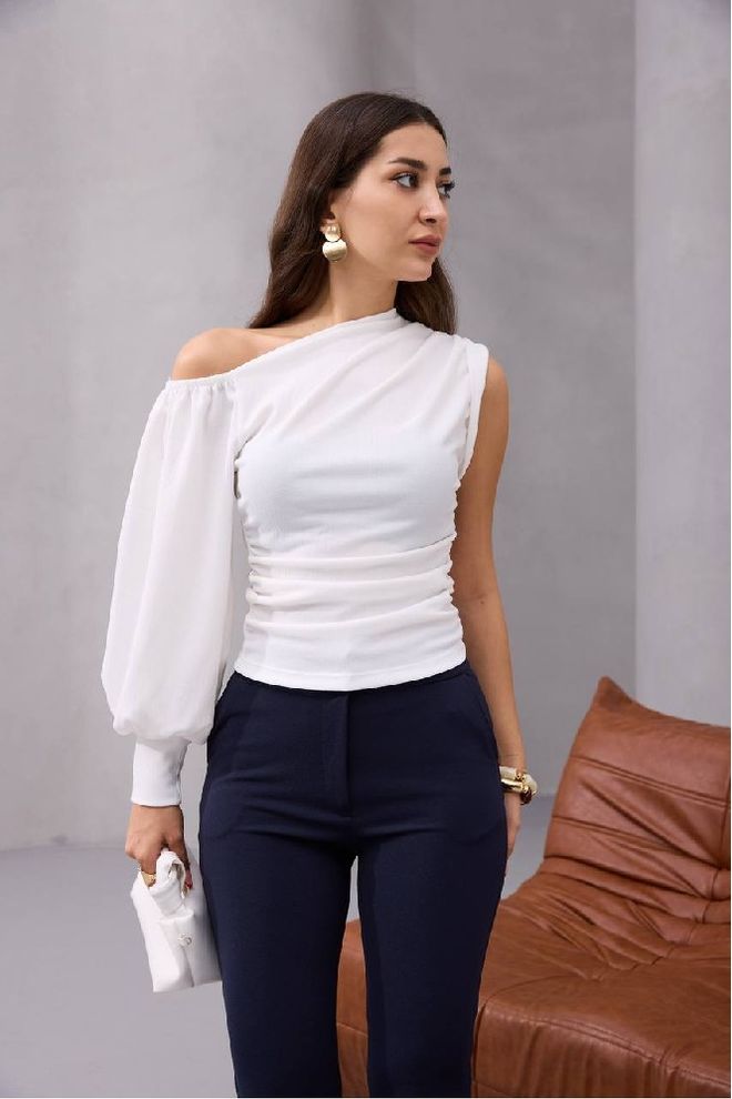 Mistix Beyaz Dar Kalıp Tek Omuz Bluzu Toptan Giyim Seksi