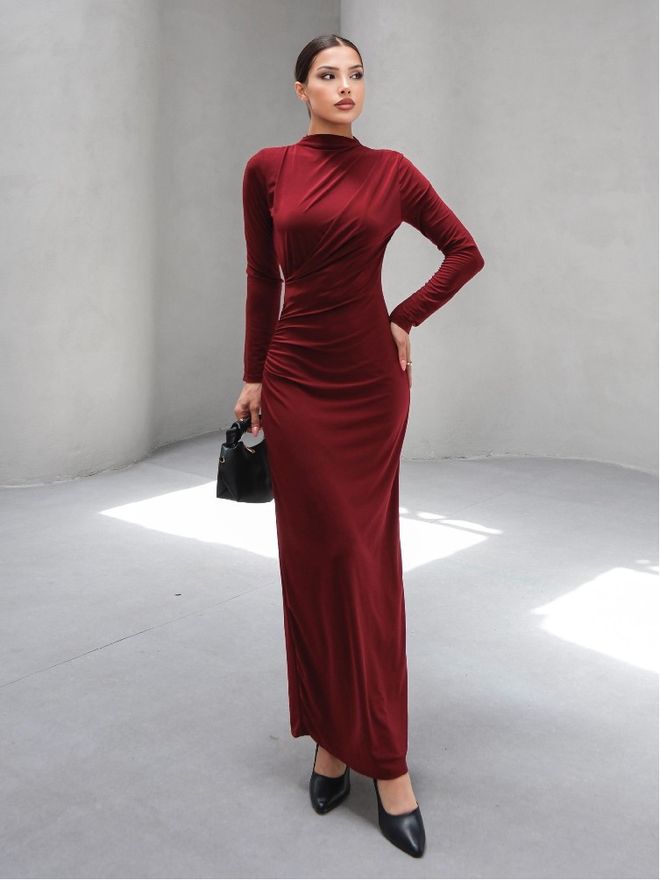 Mistix Vestido Maxi Elegante Vermelho Clarete – Bodycon Gola Alta Roupas por atacado Formal