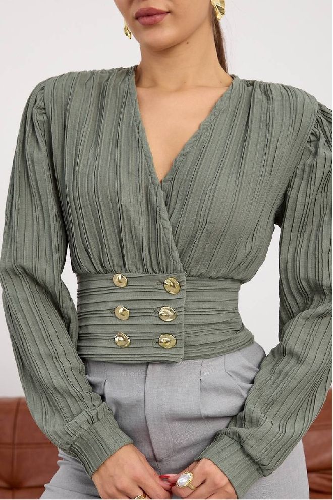 Mistix Camicetta Verde A Righe Elegante Con Scollo A V Abbigliamento all'ingrosso Casuale