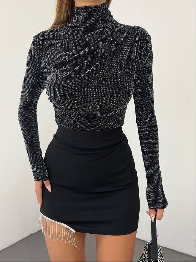 Mistix Camicetta Nera Glam Slim Fit Corta Abbigliamento all'ingrosso Annata