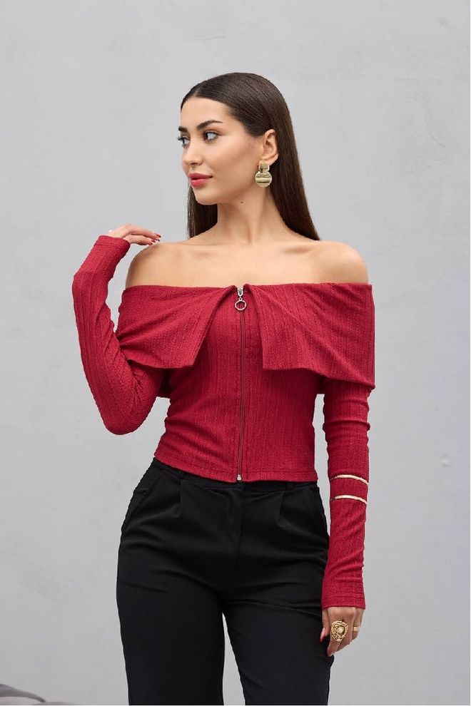 Mistix Блуза Бордо С Паднали Презрамки И Слим Дрехи на едро Небрежен