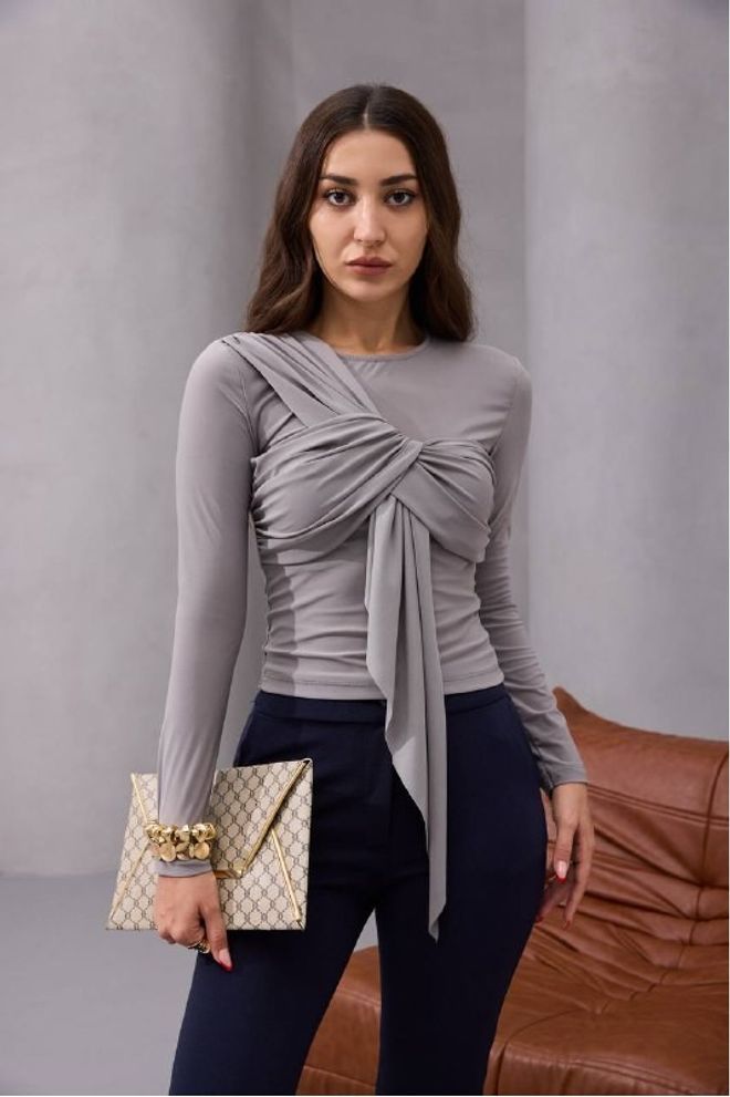 Mistix بلوزة رمادي أنيقة تركيب كم طويل مستقيم ملابس بالجملة جنسي