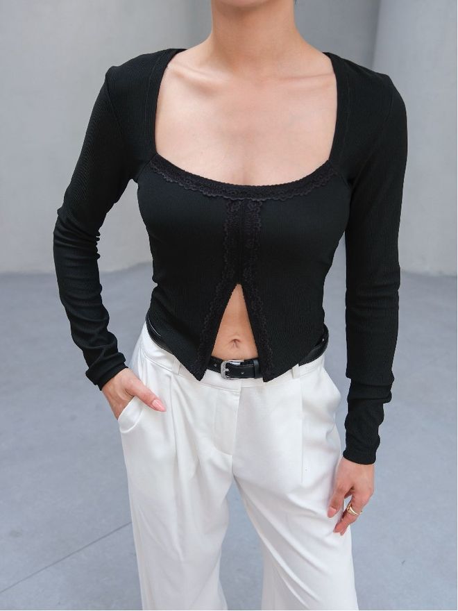 Mistix Siyah Dar Kalıp Kare Yaka Bluz Toptan Giyim Gündelik