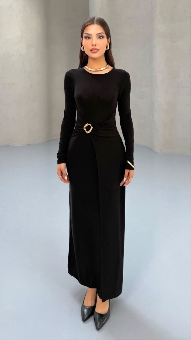 Mistix Vestido Justo Preto Elegante Com Mangas Longas Roupas por atacado Modesto