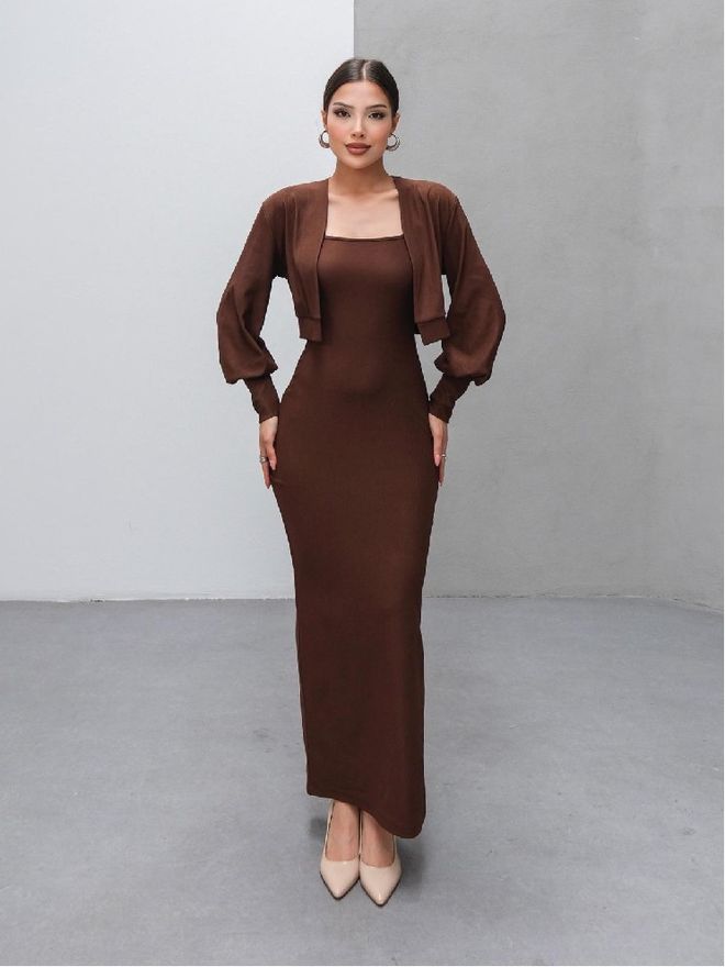 Mistix Vestido Bodycon Castanho Elegante Com Mangas De Balão Compridas Roupas por atacado Sensual