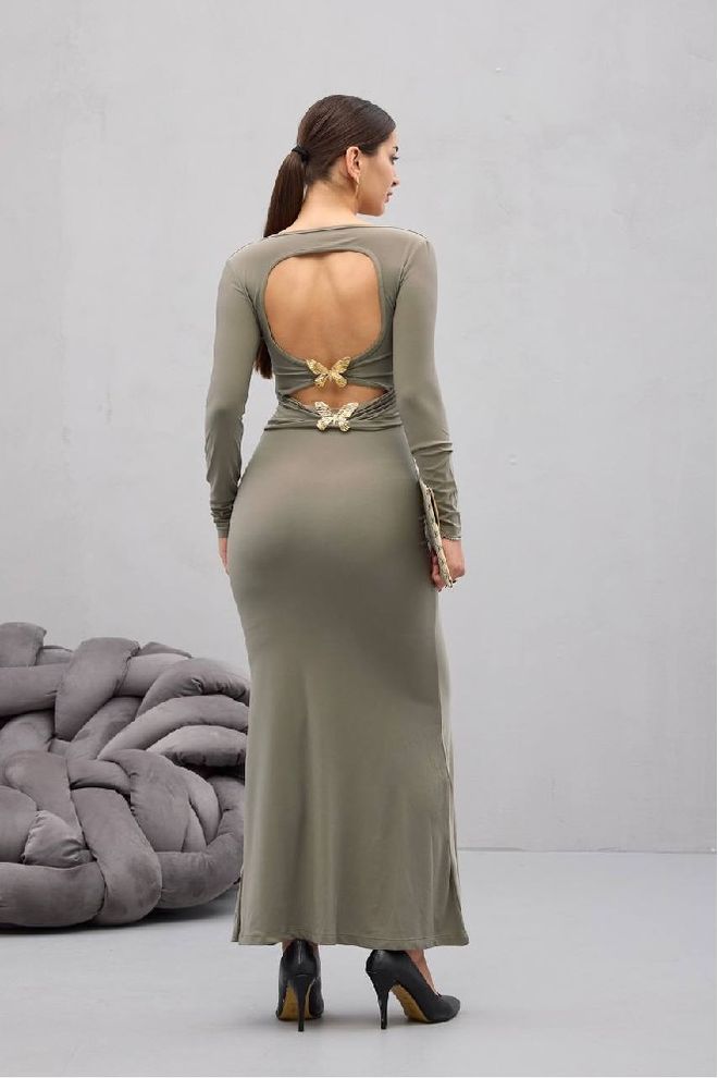 Mistix Vestido Bodycon Cáqui Com Mangas Compridas Roupas por atacado Sensual
