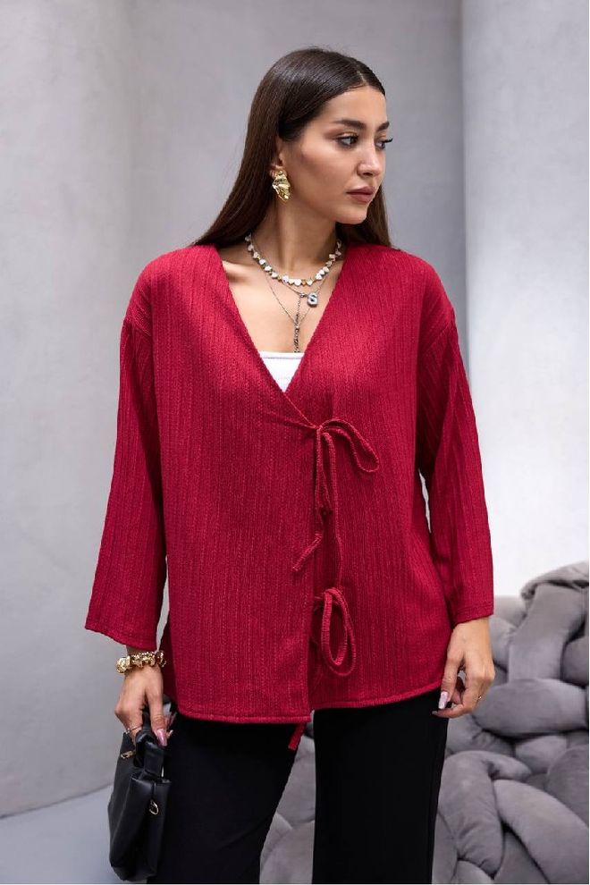 Mistix Casaco De Malha Vermelho Casual Elegante Com Fecho De Gravata Roupas por atacado Casual