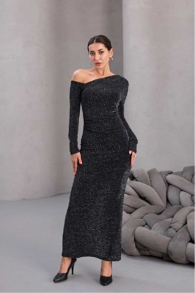 Mistix Vestido Bodycon Preto Com Lantejoulas Decote Um Ombro E Comprimento Até Ao Chão Roupas por atacado Sensual