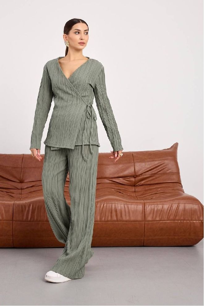 Mistix Conjunto Verde Às Riscas Casual Elegante Modesto Roupas por atacado Modesto