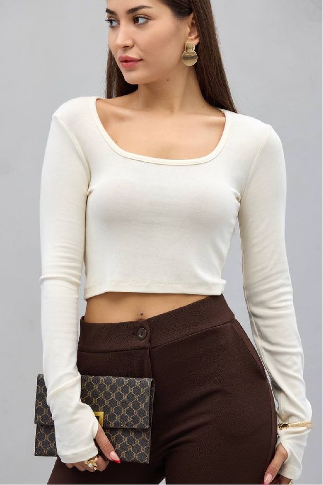 Mistix Bluza Albă Slim Fit Cu Decolteu Pătrat Și Lungime Crop Îmbrăcăminte cu ridicata Casual