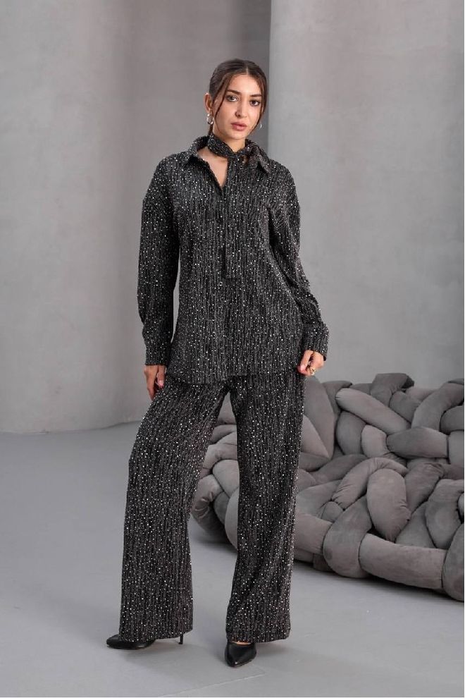 Mistix Conjunto Elegante Preto Palazzo Com Lantejoulas Roupas por atacado Formal