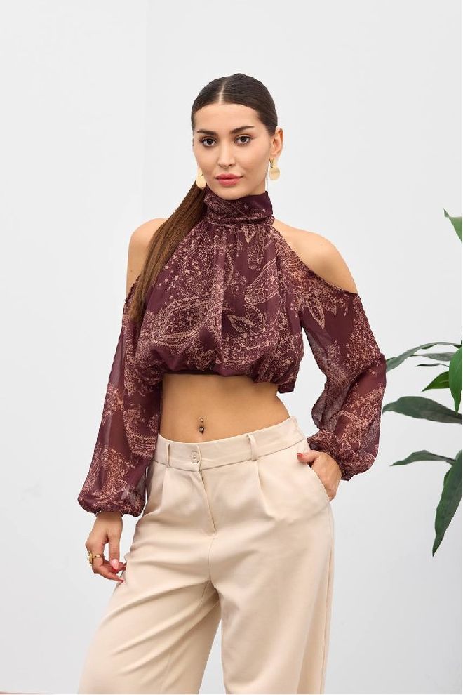 Mistix Bordo Boho Şal Desenli Crop Bluz Toptan Giyim Gündelik