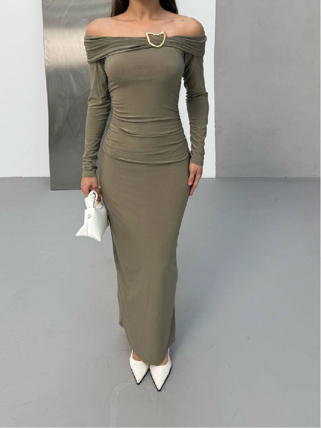 Mistix Vestido Cáqui Sensual Elegante Bodycon Maxi Com Decote Off Shoulder Roupas por atacado Sensual