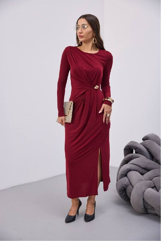Mistix Vestido Ajustado Elegante Vermelho Claretto Midi Com Mangas Compridas Retas E Decote Redondo Roupas por atacado Sensual