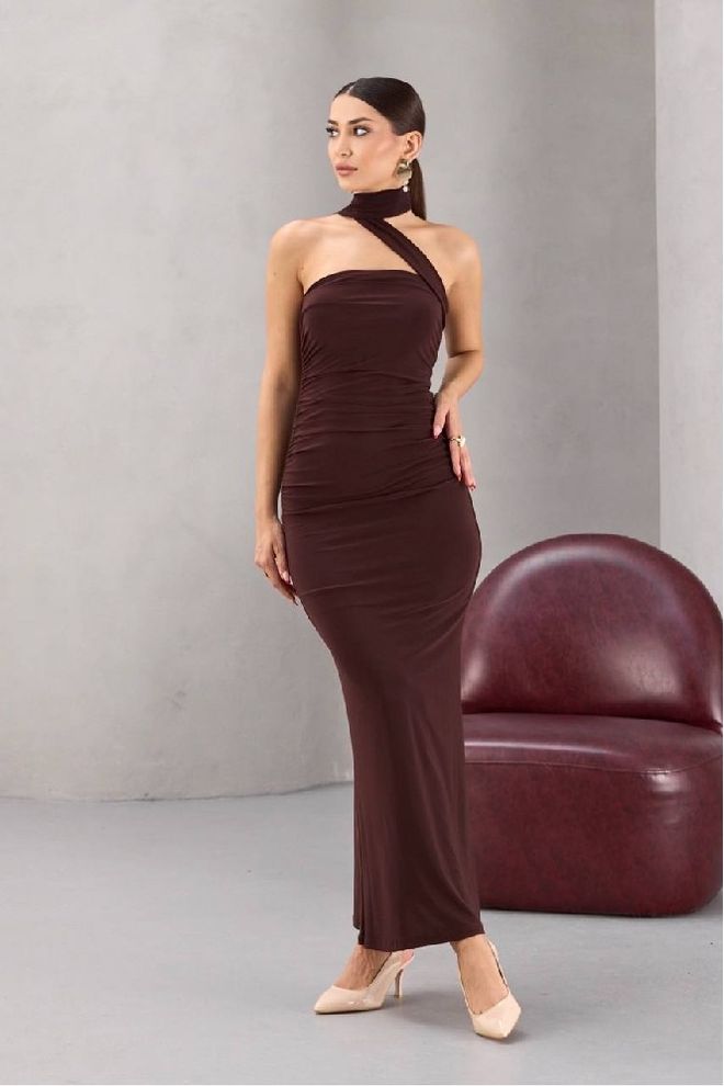 Mistix Vestido Castanho Sensual Formal Elegante Glamoroso Bodycon Com Decote Halter E Mangas Japonesas Comprimento Até Ao Chão Roupas por atacado Sensual