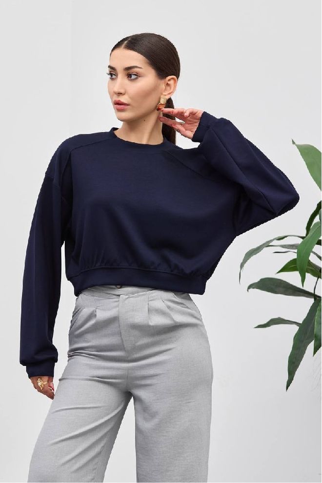 Mistix Lacivert Oversized Gündelik Bluz Yuvarlak Yaka İle Toptan Giyim Gündelik