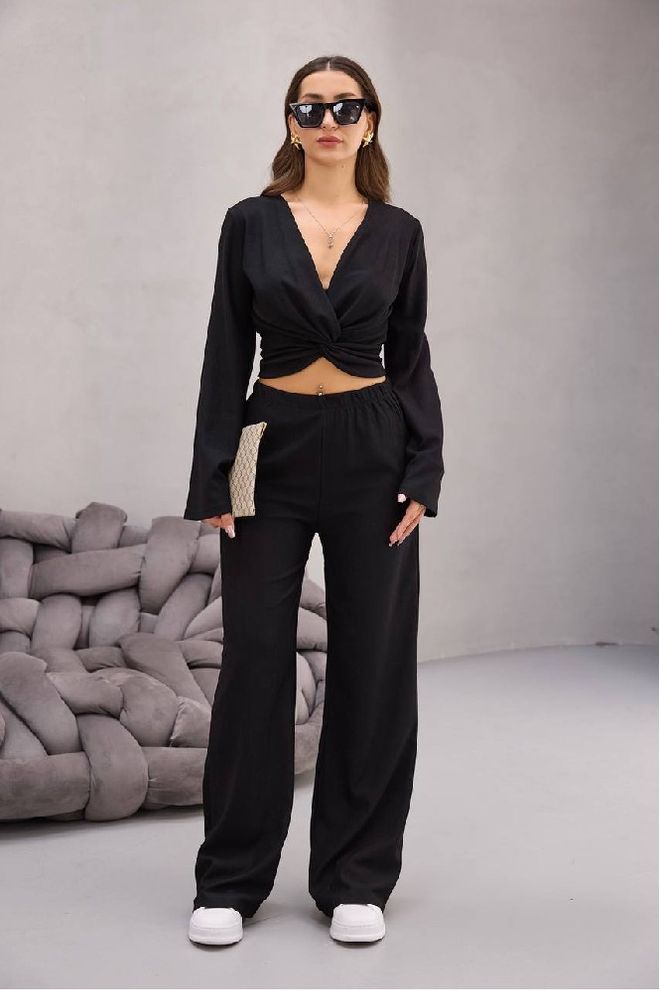 Mistix Conjunto Palazzo Preto Com Decote Profundo E Pernas Largas Roupas por atacado Casual