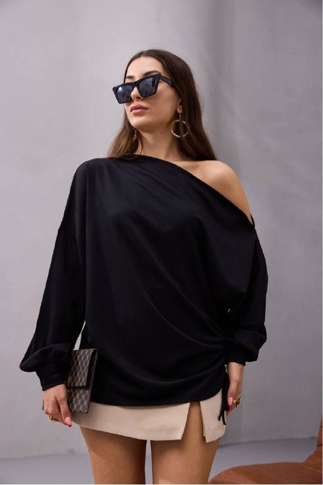 Mistix Μαύρη Κομψή Μπλούζα Με Εναν Ωμο Και Ανετη Oversized Γραμμή Χονδρικό εμπόριο ενδυμάτων Casual