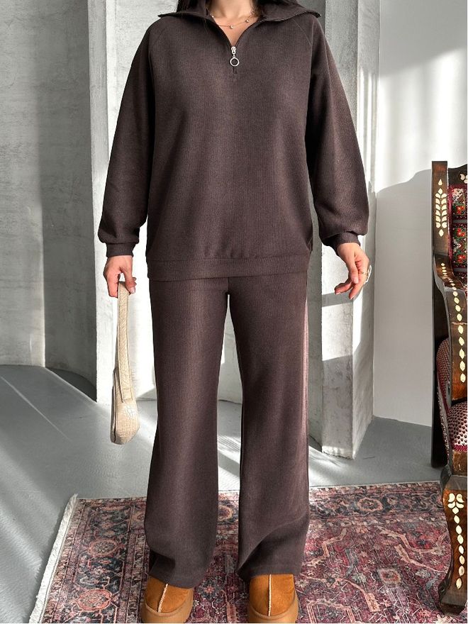 Mistix Conjunto Castanho Casual Desporto Modesto Roupas por atacado Modesto