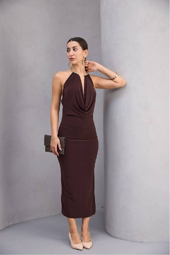 Mistix Vestido Bodycon Castanho Com Decote Halter E Comprimento Midi Roupas por atacado Sensual