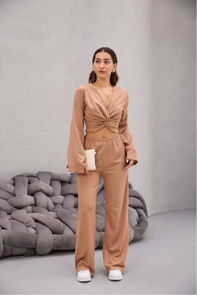 Mistix Conjunto Castanho Casual Elegante Palazzo Sem Bolso Roupas por atacado Casual