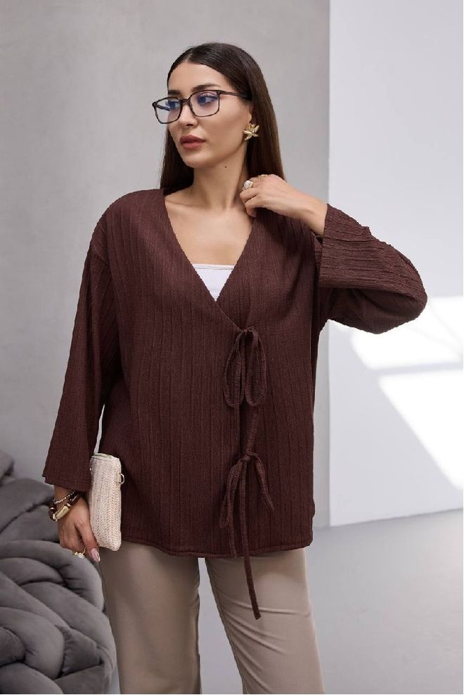 Mistix Casaco De Malha Castanho Oversized Casual Com Decote Em V E Fecho De Gravata Roupas por atacado Modesto