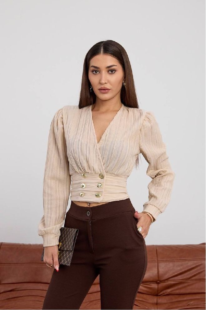 Mistix Camicetta Beige A Righe Aderente Con Scollo A V E Lunghezza Crop Abbigliamento all'ingrosso Casuale