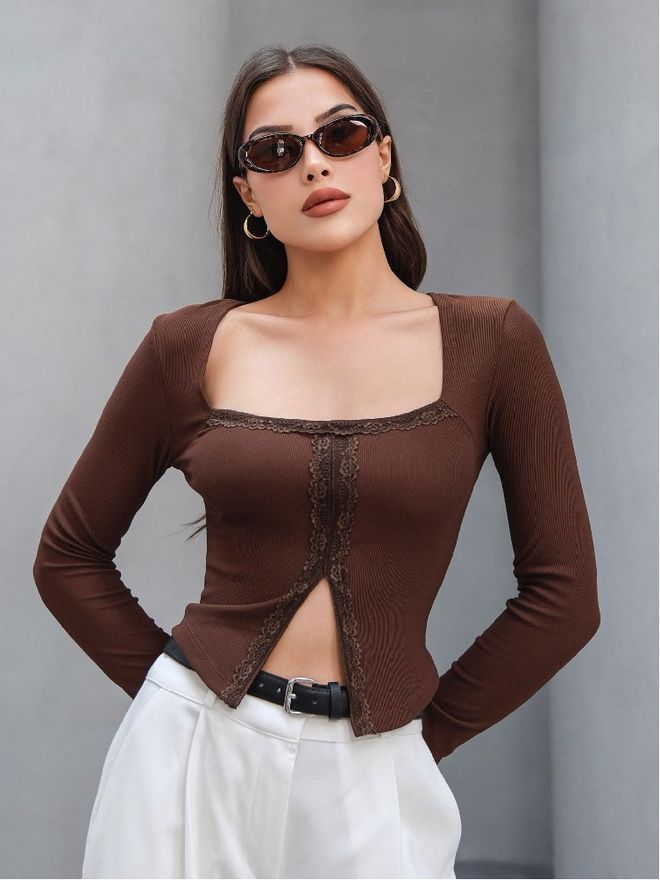 Mistix Blusa Castanha Slim Fit Com Decote Quadrado Roupas por atacado Casual