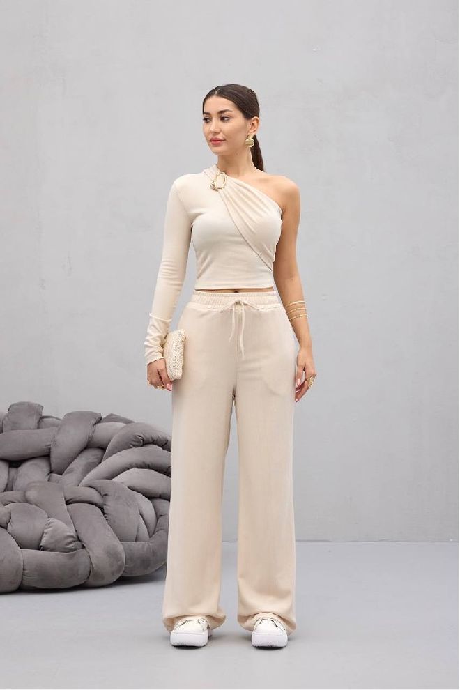 Mistix Conjunto Casual Elegante Bege Com Calças Palazzo De Perna Larga Roupas por atacado Casual
