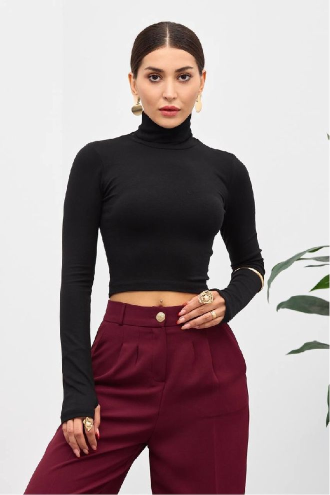 Mistix Blusa Preta Slim Fit Com Gola Alta E Comprimento Cropped Roupas por atacado Casual