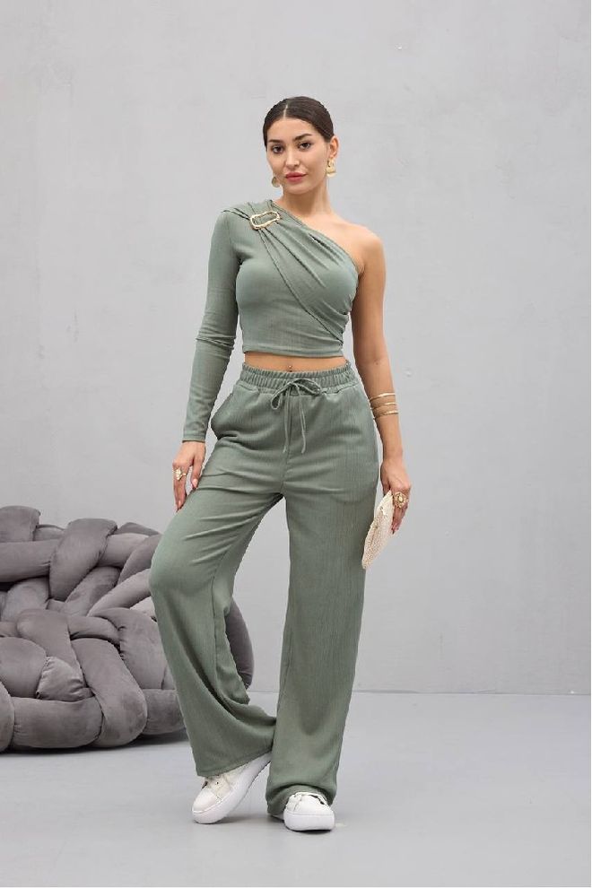 Mistix Conjunto Verde Casual Palazzo Perna Larga Roupas por atacado Casual