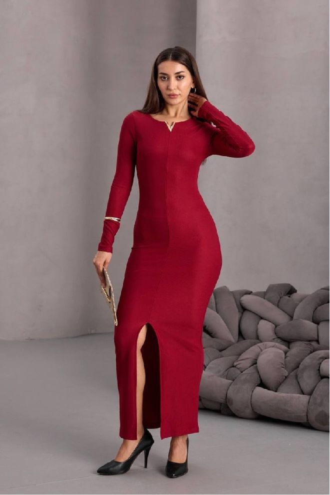 Mistix Vestido Bodycon Vermelho Clarete Com Manga Comprida Roupas por atacado Sensual