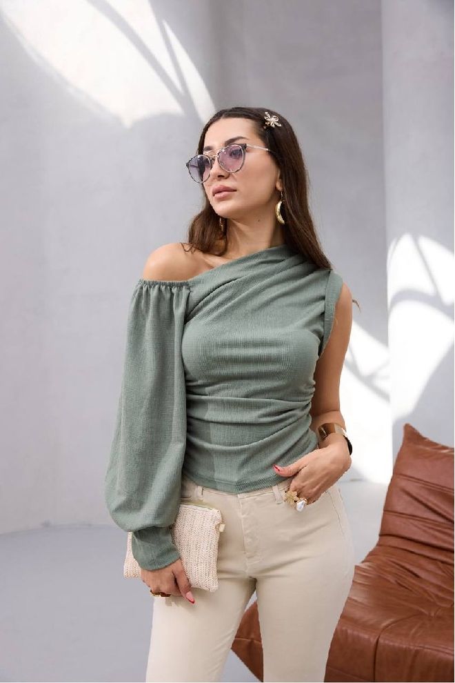 Mistix Blusa Verde Com Decote Um Ombro Descoberto E Mangas De Balão Roupas por atacado Casual