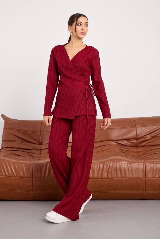 Mistix Conjunto Vermelho Clarete Às Riscas Elegante Roupas por atacado Modesto