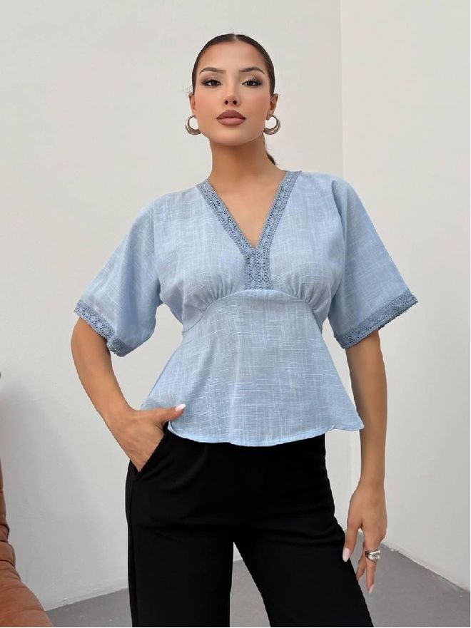 Mistix Azul Casual Elegante Blusa Em V Meia Manga Manga Reta Roupas por atacado Casual