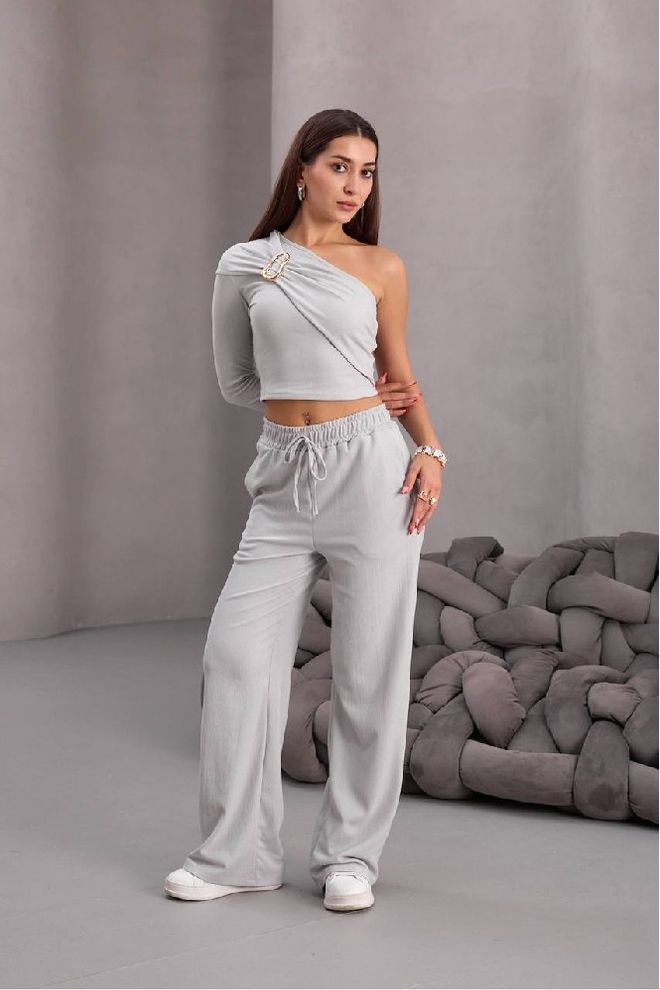 Mistix Conjunto Cinzento Casual Roupa De Rua Palazzo Roupas por atacado Casual