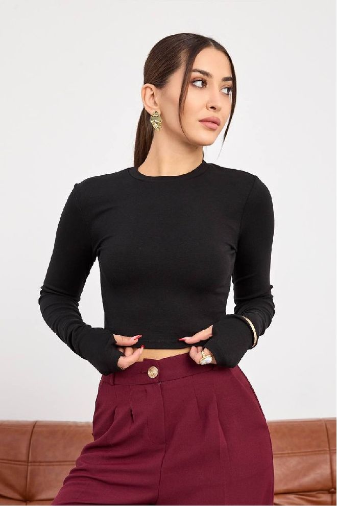 Mistix Blusa Cropped Preta Slim Fit Com Mangas Longas Roupas por atacado Casual
