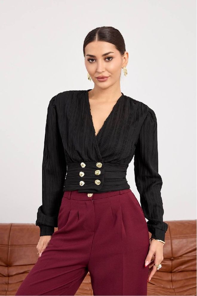 Mistix Blusa Preta Elegante Justa Com Decote Profundo Roupas por atacado Vintage