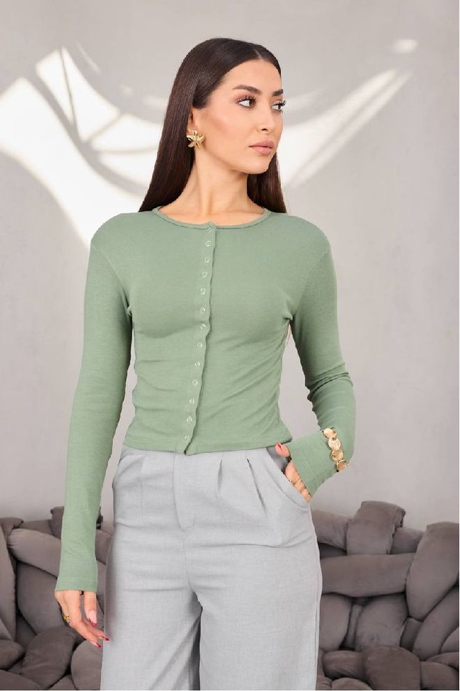 Mistix Zelená Kardigán Priliehavý Strih Skrátené Na Gombíky Crew Neck Veľkoobchod s oblečením Neformálny