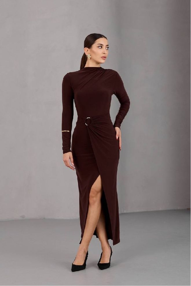 Mistix Καφέ Κομψό Wrap Φόρεμα Με Ψηλή Λαιμόκοψη Μάξι Χονδρικό εμπόριο ενδυμάτων Σέξι